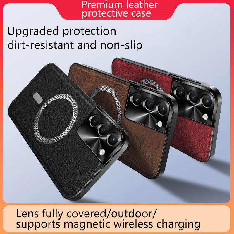 For Samsung Galaxy S22 Ultra Plus Case Magnetic Elegant Leather Wear-Resistant Lens Fully Covered Non-Slip Grip Edge Cover Shell