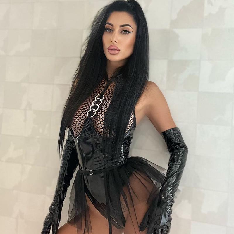 European & American Patent Leather Mesh Hollow-Out Sexy Lingerie Bodysuit Set
