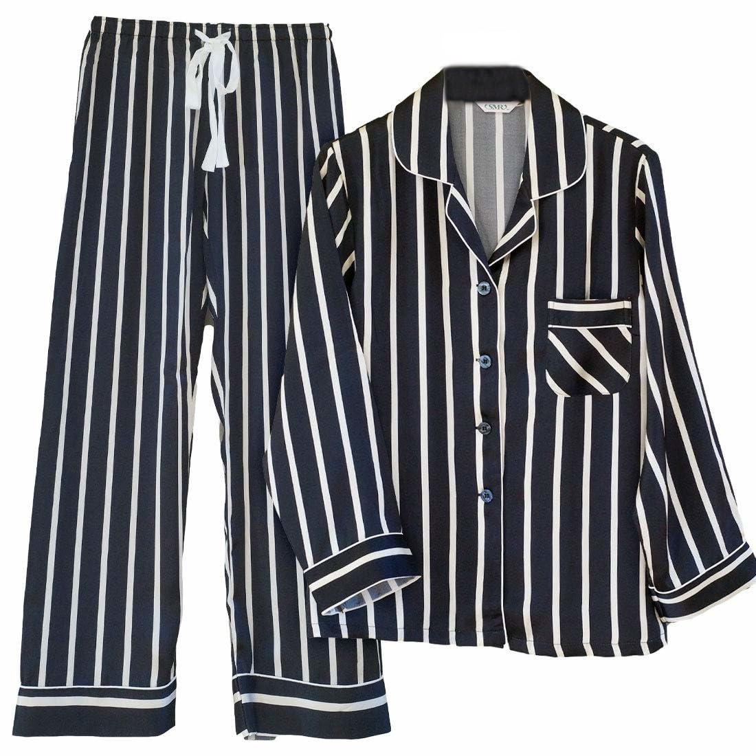 

Yumekairou Silk London Black and Stylish Waist Long Loungewear for a Good Sleep Black and Women s Pajamas, Stripe, 100% Silk, Ivory, Tie, Sleeves,