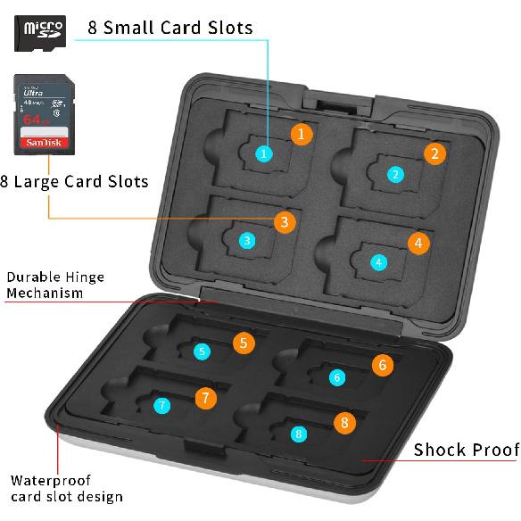 Aluminum Shock Resistant Carrying Box Memory Card Storage Case Holder 8 Slots for SD SDHC MMC Micro SD TF Cards Silver