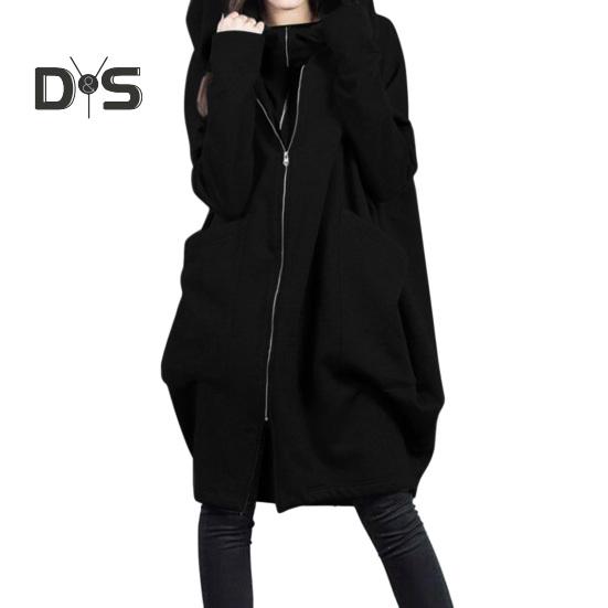 Sweat-shirt à capuche à manches longues pour femme, manteau à fermeture éclair, grandes poches, faux deux pièces, couleur unie, veste à capuche mi-longue