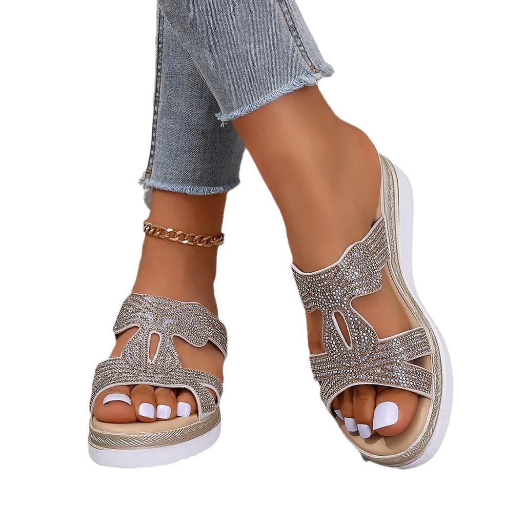 Large Size Slippers 2024 Popular Fish Mouth Cover Foot Thick Bottom Rhinestone Casual Versatile Outer Wear Wedge Sandals