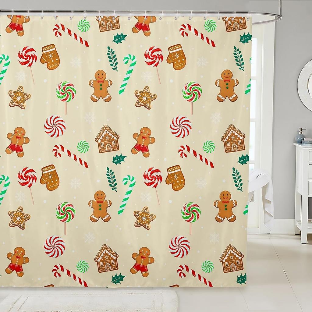 Merry Pink Christmas Shower Curtain,Cartoon Gingerbread Man Bathroom Curtain,Snowflakes Candy Fabric Shower Curtains,Happy New