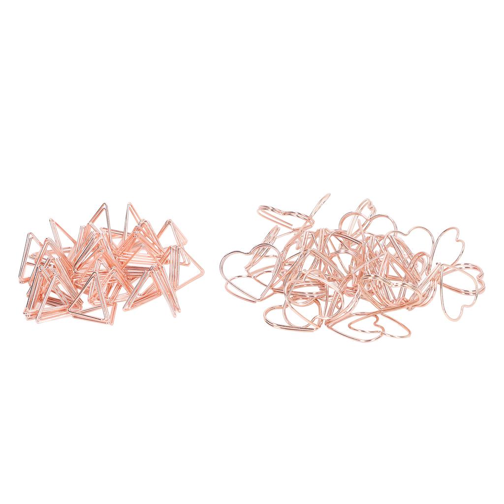 100pcs Shaped Paper Clips Triangular and Heart Type Double Layer 3D Rose Gold Metal Paper Clips for File Classification