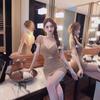 Pure desire hot girl sexy dress women's summer new tight low v-neck exposed collarbone pumping pleated hip-wrapped skirt
