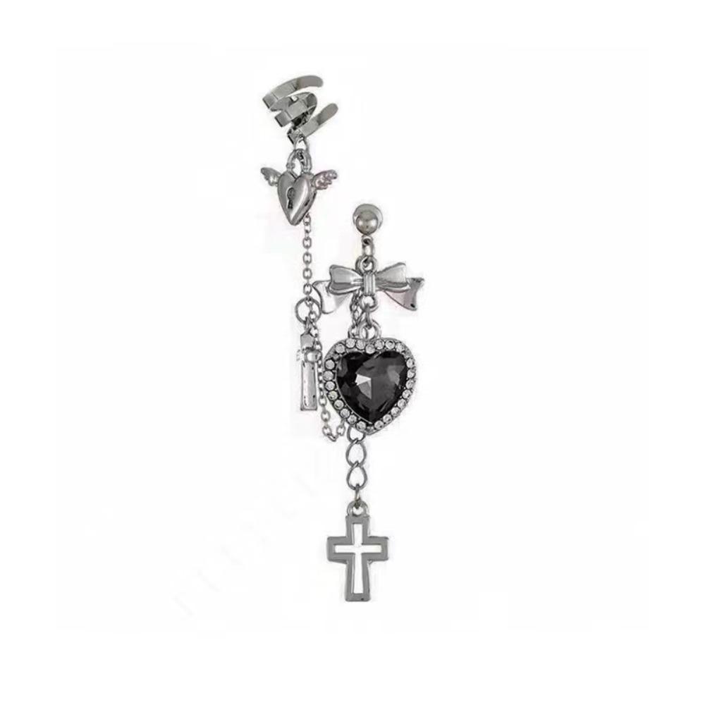Exquisite Punk Sliver Color Bowknot Cross Crystal Heart Tassel Pendant Stud Earrings Connect Ear Bone Clip for Women Y2k Jewelry