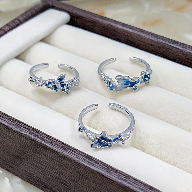 Blue Enamel Oil Drop Butterfly Open Ring Full Of Diamonds Zircon Light Luxury High Sense Super Fairy Flash White Ring Woman