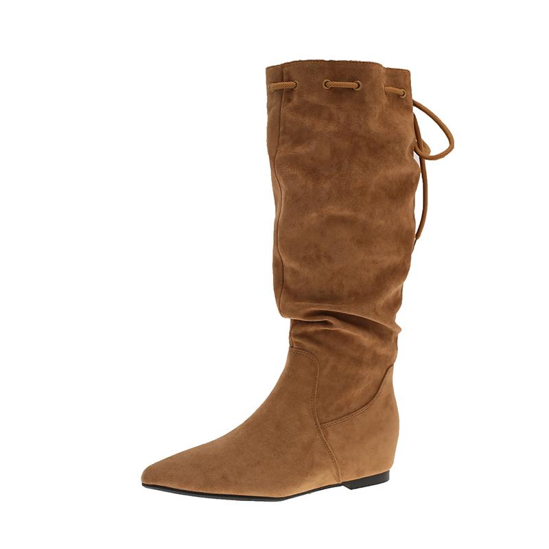 Inside Heightened Tall Boots Autumn New Pointed Toe Suede Lace-Up Rear Soft Sole Anti-Slip Wear-Resistant Low Heel Shoes