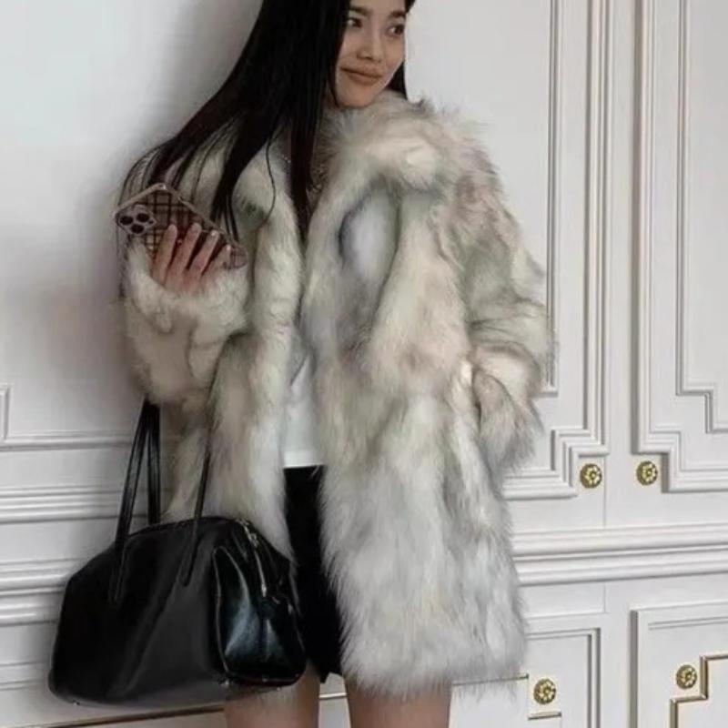 Geacă de iarnă pentru femei, imitație blană de vulpe, haină din iarbă, groasă, lungă, călduroasă, paltoane din blană artificială, jachetă cardigan de modă luxoasă, pentru femei