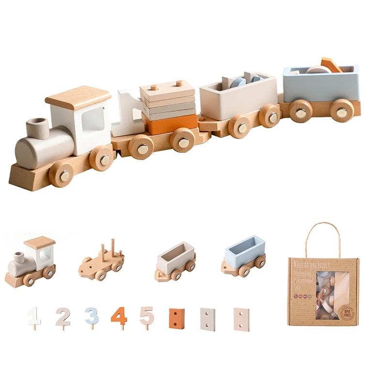 Baby Wooden Montessori Toys Birthday Train Educational Toys Wooden Trolley Baby Learning Toys Number of Wood Baby's Birth Gift