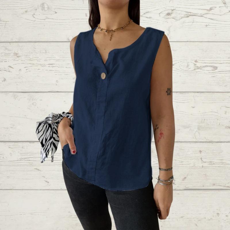 Summer New Loose Vest Shirt for Women V-neck Cotton and Linen Button Top