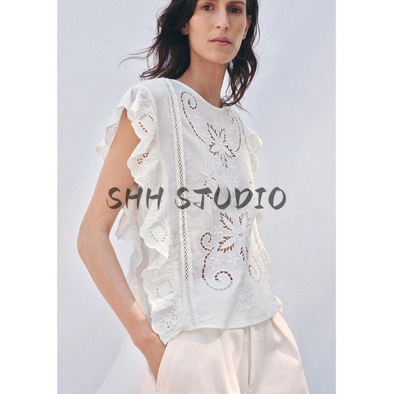 Spring and Summer New Women clothes French style Design round Neck Sleeveless Romantic Embroidery Hollow Top 5107051