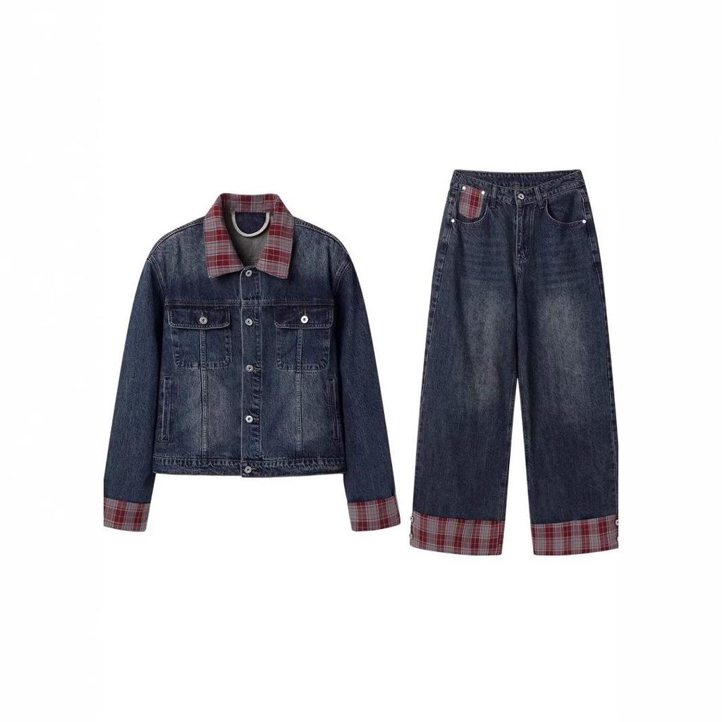 American Fashion Plaid Lapel Denim Jacket & Men's Retro Jeans Two-Piece Suit