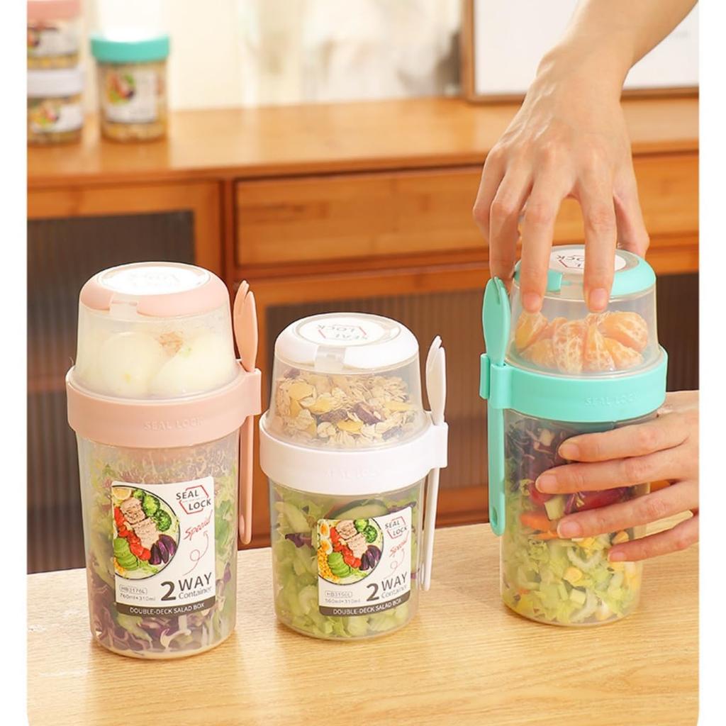 Lunch Box with Salad Separate Salad Container with Sauce and Lidded Food for and Office for and Milk Two-Tier Cup, Dressing, Fork, Cup, Container,