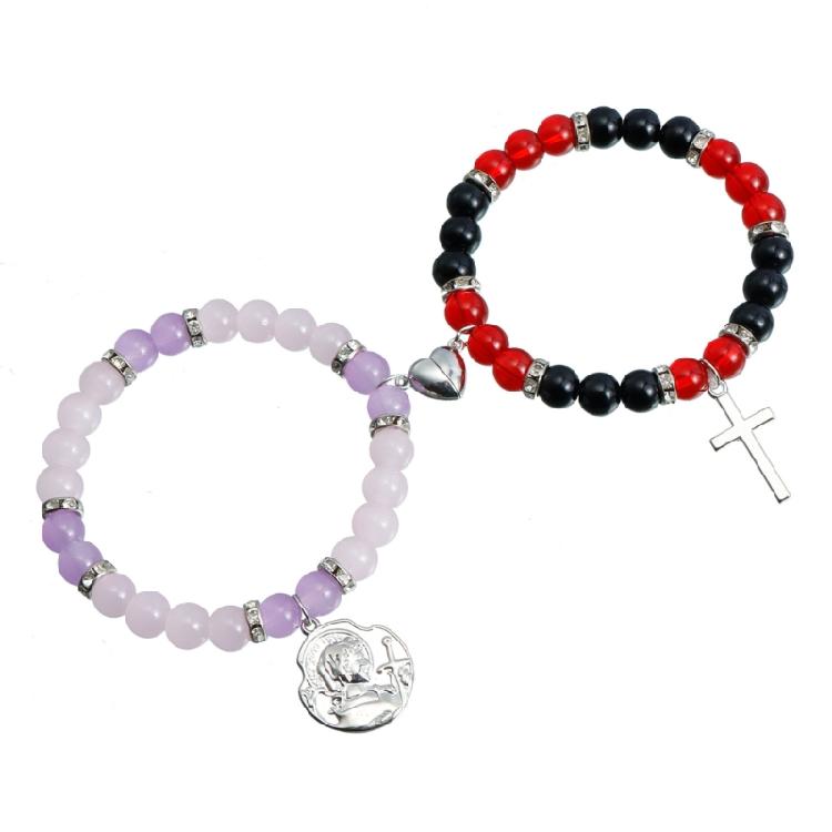 2Pieces Elegant Crystal Bead Bracelet Magnetic Clasp Handchain for Couples Adjustable Matching Wristbands Accessory