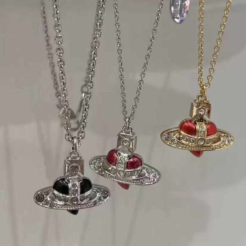 Small Heart Saturn Necklace with Enamel and Rhinestones - Punk Style