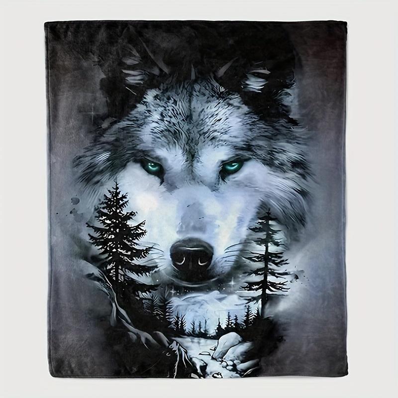 Vintage Wolf Print Flannel Throw Blanket - Hypoallergenic, Tear Resistant, All-Season Quilted Knit Polyester Bedding with Digita