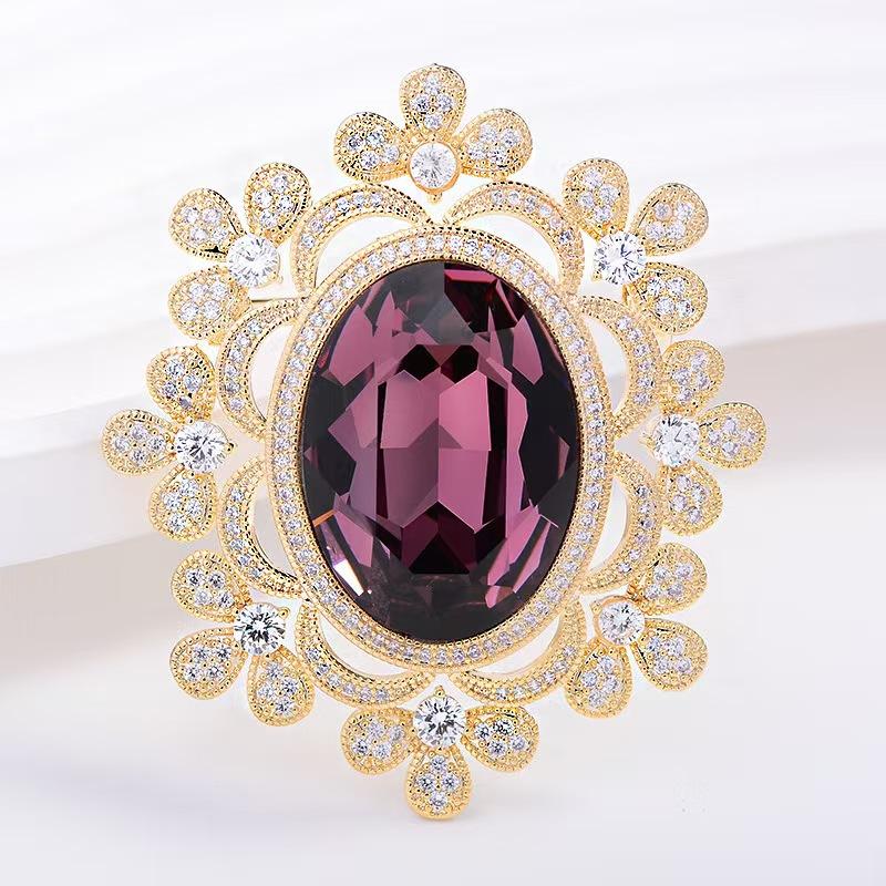 Vintage court style imitation crystal flower brooch exquisite neckline pin pink crystal brooch