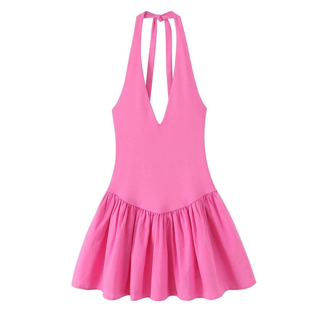 2025 Summer Women's Slim Pleated Patchwork Halter V-Neck Dress