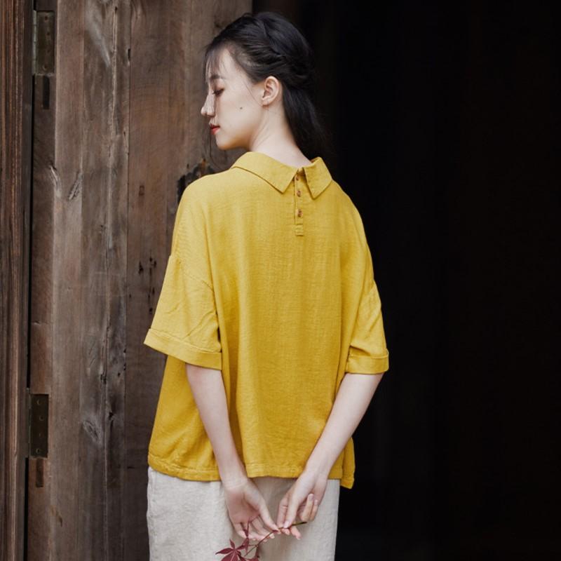 Johnature Pulôver feminino camisetas de linho cor sólida turn-down cor manga curta verão solto casual camisetas femininas