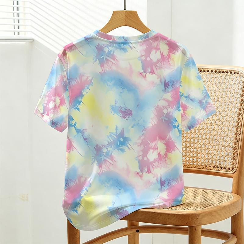 Women's Tie-Dye Basic Short Sleeve Top - Skin-friendly Casual Daily Wear, Versatile for Coffee Dates & Everyday Outings