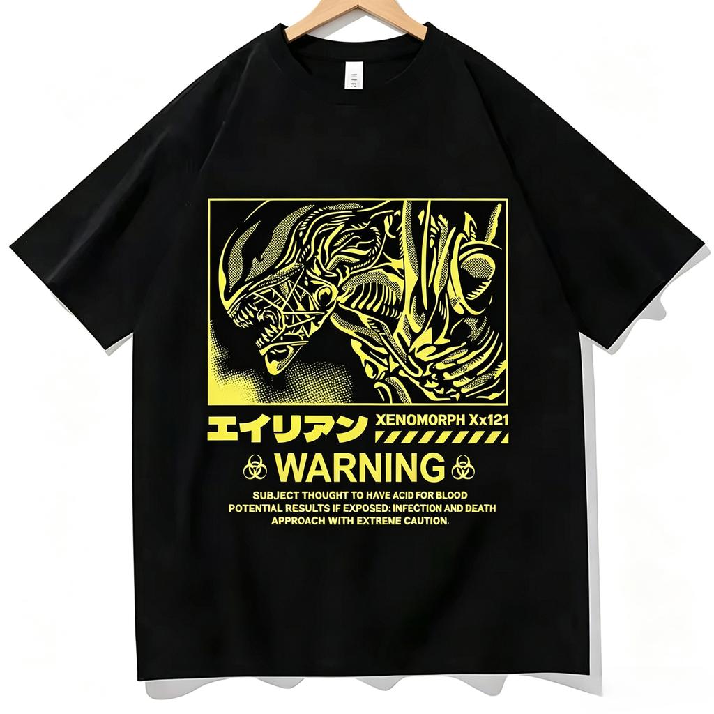 Alien Biohazard Japanese Text Graphic Tshirt Unisex Unisex Scifi Horror Fan Street Loose Fit Daily Short Sleeve Tees Tops