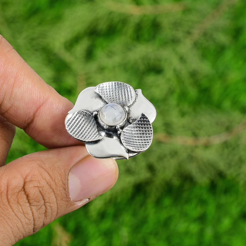 Natural Rainbow Moonstone Daughter Stackable Flower Ring Jewelry Sterling Silver