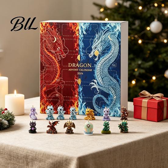 Collectible Dragon Figures Advent Calendar, 2D Christmas Countdown Box with Festive Gift Set Acrylic Pendants, Tree Hanging Decor, Holiday Fantasy