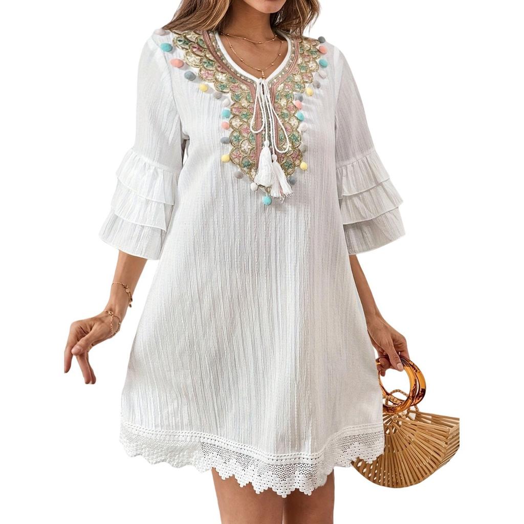Color Pompom Tassel Solid Color Lotus Leaf Sleeve Lace Casual Bohemian Dress Women
