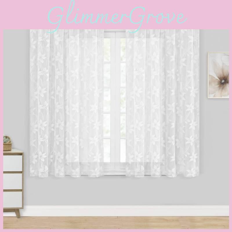 Floral Lace White Sheer Curtains For Daily Bedroom Kitchen Decoration Set 2 Of