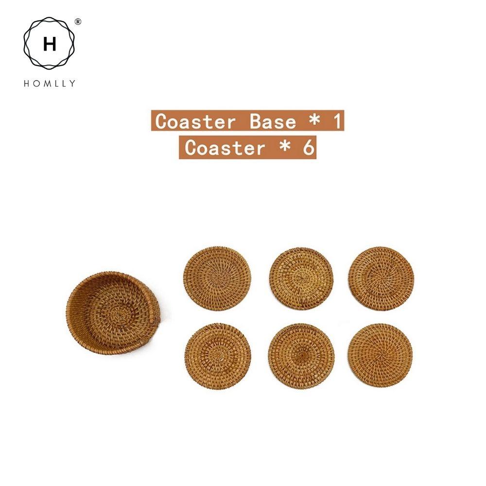Homlly Basic 100% Natural eco-friendly Hand Made Rattan Coaster Set (6pcs) with Coaster Box