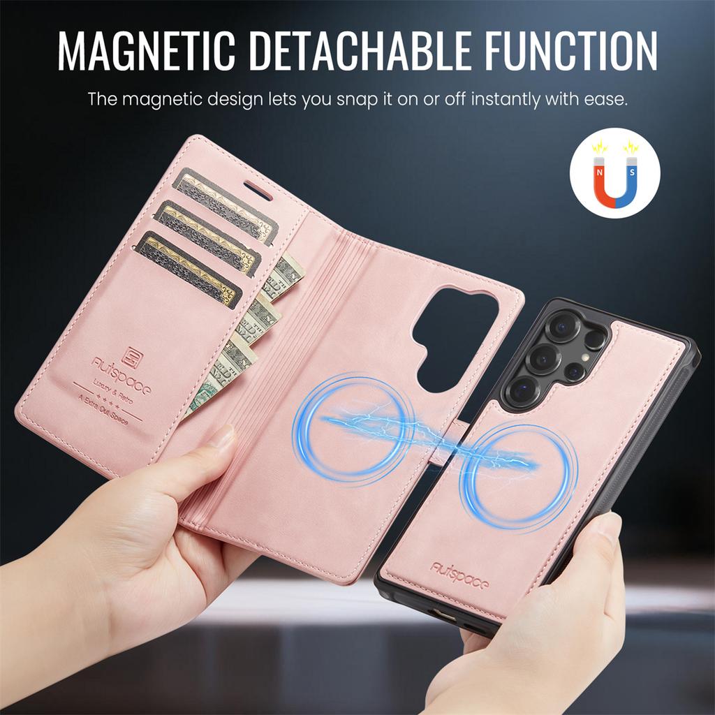 2-in-1 Magnetic Detachable Wallet Case for Samsung Galaxy S24/S24 Plus/S24 Ultra - PU Leather, Card Slots, Wireless Charging, 360° Protection