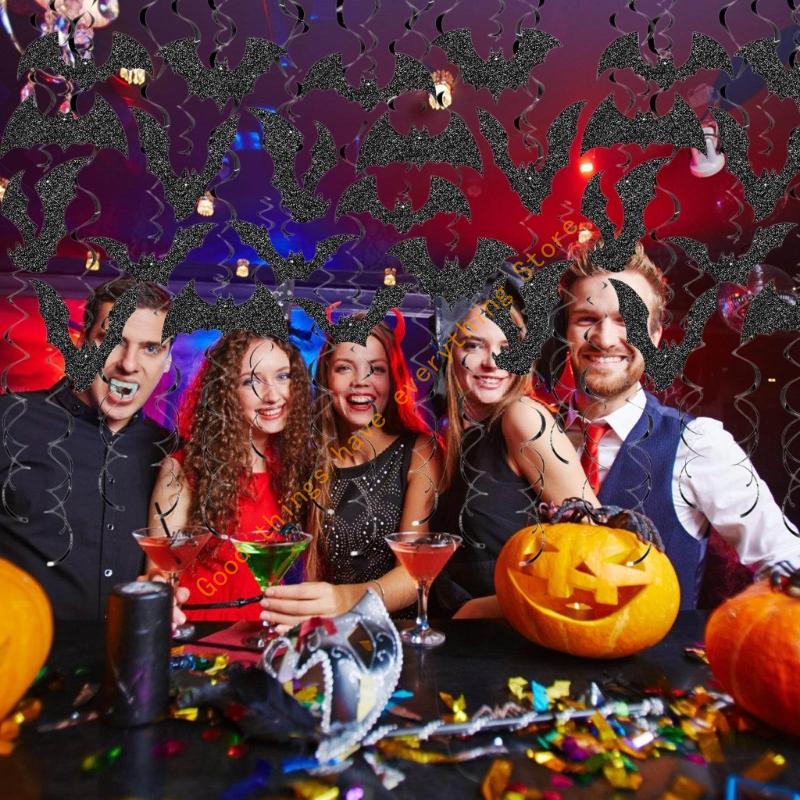 55KF Set of 30 Glittered Bats Swirls Hanging Ornament for Birthday Festival Parties