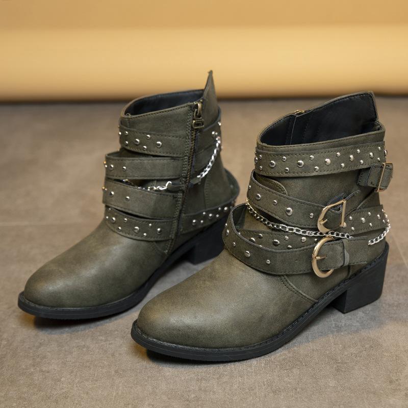Women Low Heel Block Chunky Ankle Boots Buckle Accents Faux Leather Upper Rubber Sole Pointed Toe Trendy
