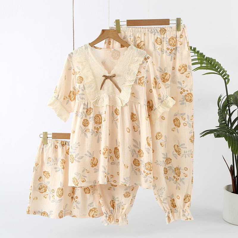 Three-piece Pajamas Pure Cotton Summer Women's Thin Loose French Four-season Wear Short-sleeved Trousers Loungewear Set