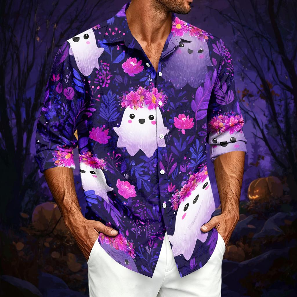 Men's Casual Long-Sleeve Shirt with Halloween Print for Spring ,Summer and Fall