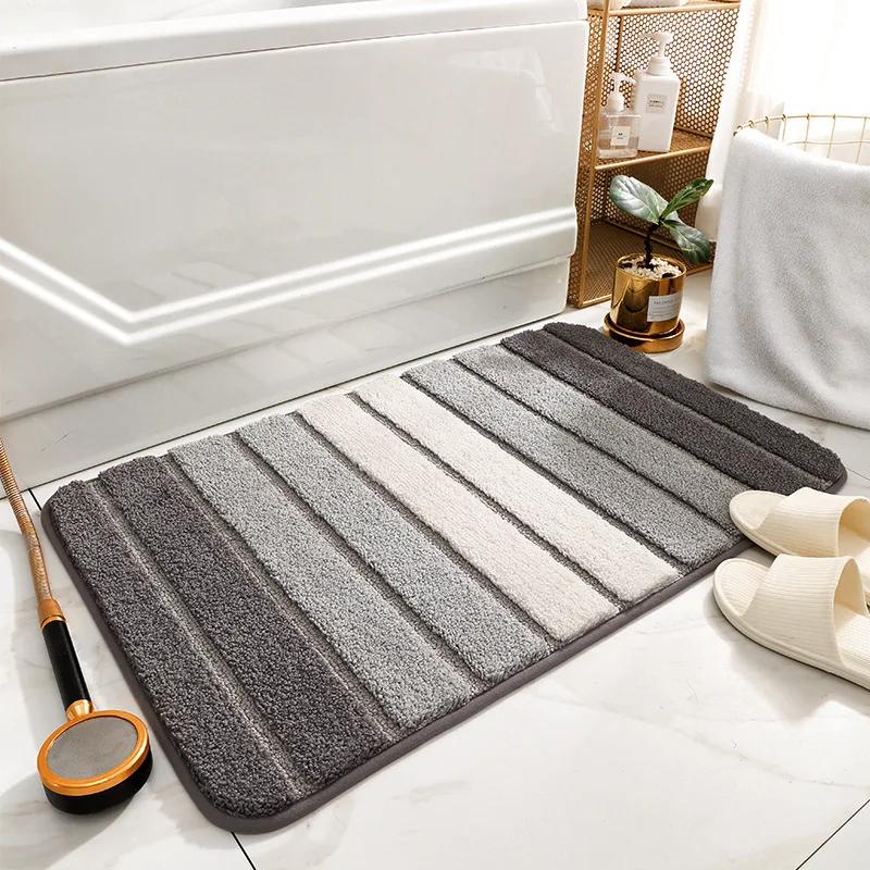 Gradient Striped Bath Mat | Thickened Flocked Super Absorbent & Quick-Dry | Non-Slip Bathroom Rug for Shower Floor Decor