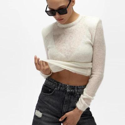 Transparent Knit Solid Women Sweater O-neck Long Sleeve Slim Perspective Female Sweaters Spring Elegant Knitwear Lady