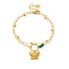 Gold Plated Stainless Steel Double Layer Butterfly Charm Bracelet with Green Beads for Women
