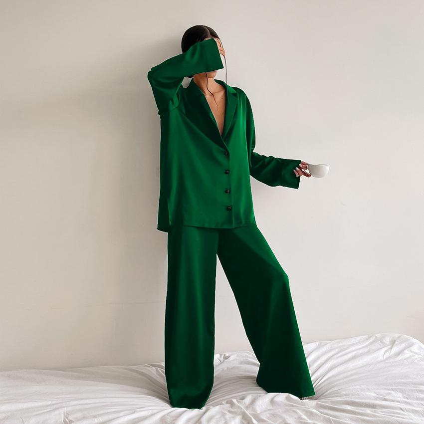 Women's Satin Silk Sleepwear Low Cut Sexy Home Clothes Pajamas Single Breasted Long Sleeves Wide Leg Pants Trouser Set