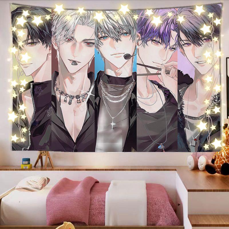 Dark Anime Man Tapestry Wall Hanging Silver Hair Blood Bandages Red Background Aesthetic Wall Art Dorm Decor