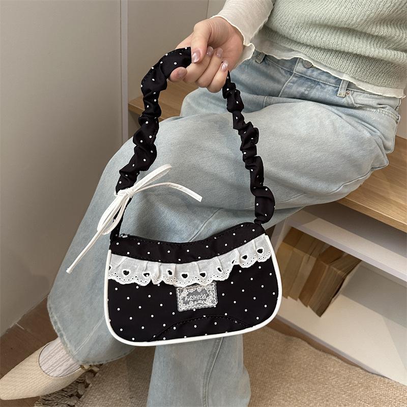 Lace Polka Dot Shoulder Bag Stretchable Strap Large Capacity Pleated Underarm Bag Multi-Color French Stick Handbag Purse