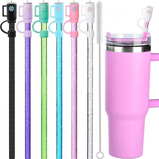 12 Pack Replacement Glitter Straws and Covers for 40 oz Stanley Adventure Travel Tumbler Cup, Reble Glitter Straws with Cleaning Brush, Compatible Glitter Tritan