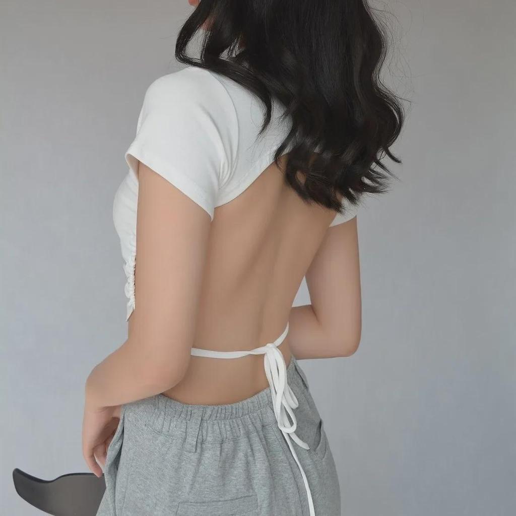 Women's Sexy Backless Lace-Up Round Neck Tee - Short Sleeve Top for Autumn & Summer