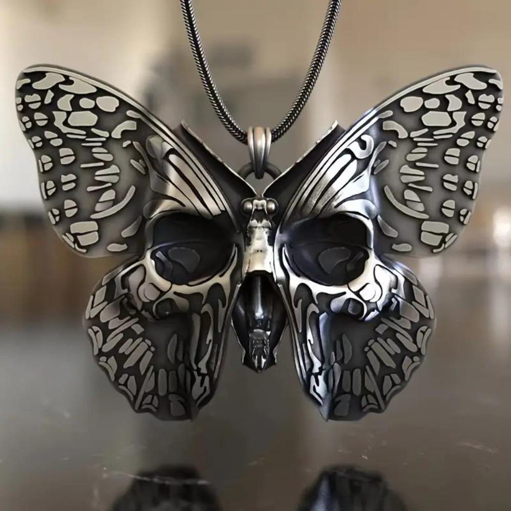 Gothic Retro Gun Black Skull Ghost Face Spotted Butterfly Pendant Necklace for Women Halloween Party Jewelry Accessories Gifts