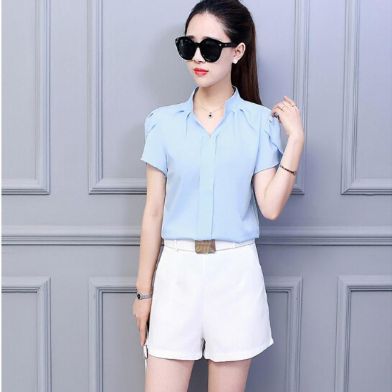 White Shirt Female Short Sleeve Shirt Fashion Bodycon Leisure Chiffon Blouse Tops