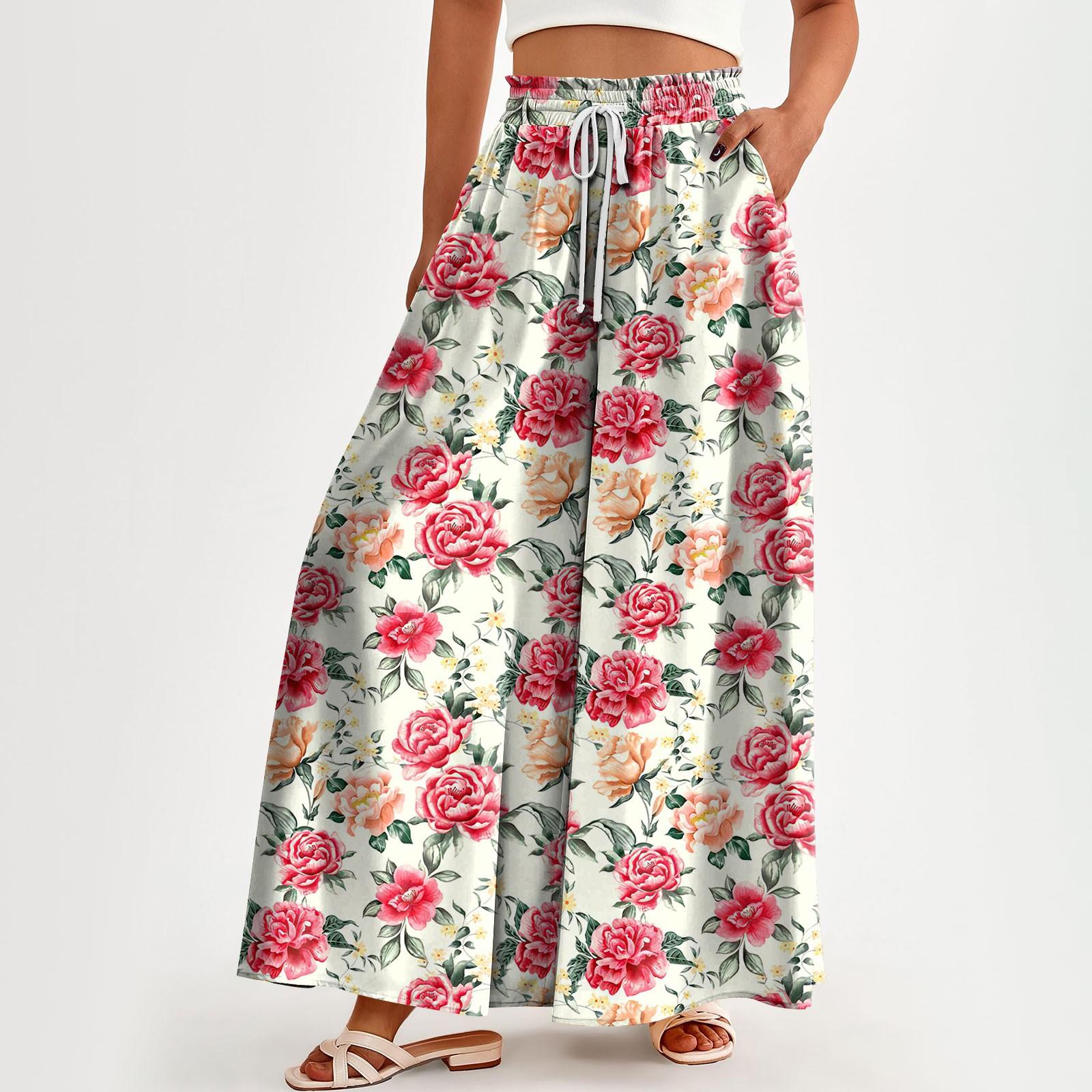 

Женские брюки с высокой талией, широкие, повседневные, струящиеся брюки-палаццо, брюки с цветочным принтом и карманом XXXL киноварь