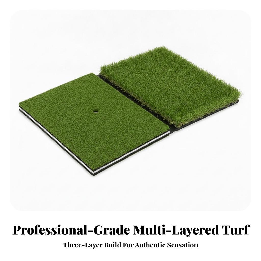 Foldable Golf Hitting Mat Tee Hole Dual Turf Layered Base Practice Tool