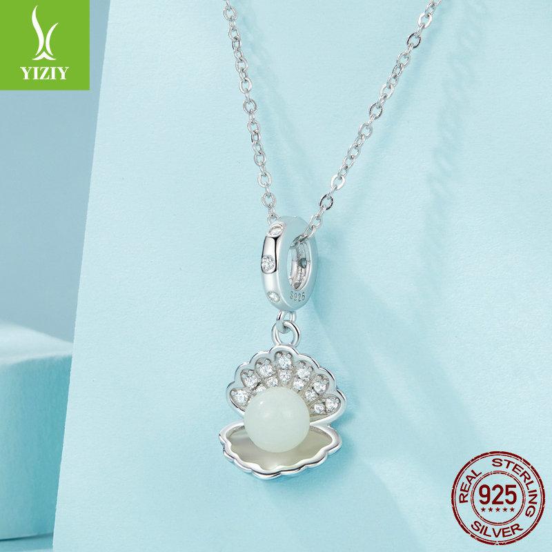 Light Blue Shell Luminous Beads Diy Pendant, Ocean Wind Charm Luminous Stone S925 Silver Bracelet Beaded.
