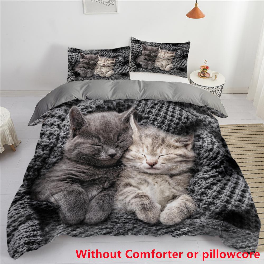Cute Cat Bedding Set 3D Duvet Cover Set Single Double Twin Full Size Teens Adults Bedclothes Soft Polyester Quilted Bed Covers